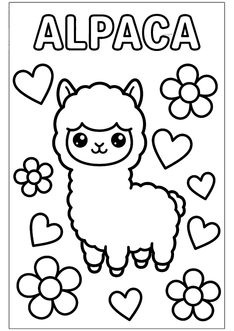 Kleurplaat van een schattige alpaca met grote ogen, omringd door hartjes en bloemen, met het woord ALPACA erboven