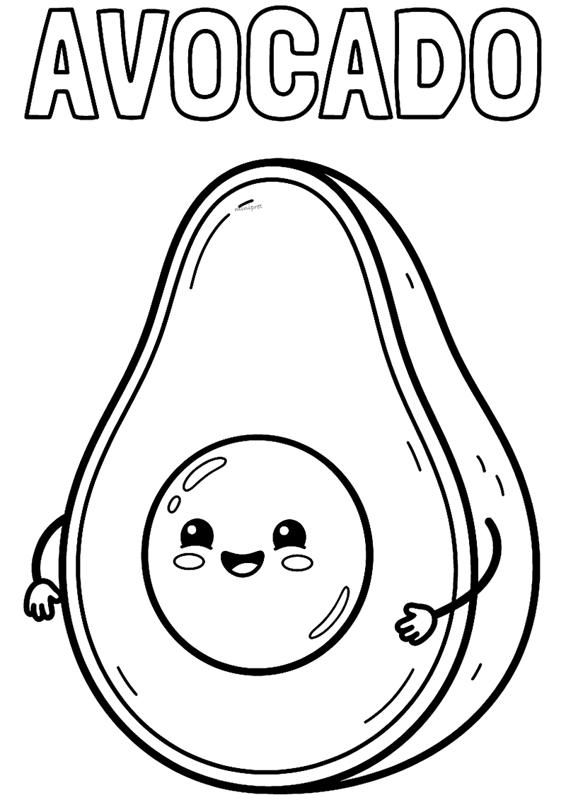 Kleurplaat van een schattige halve avocado met een lachende pit, blozende wangen en kleine armpjes