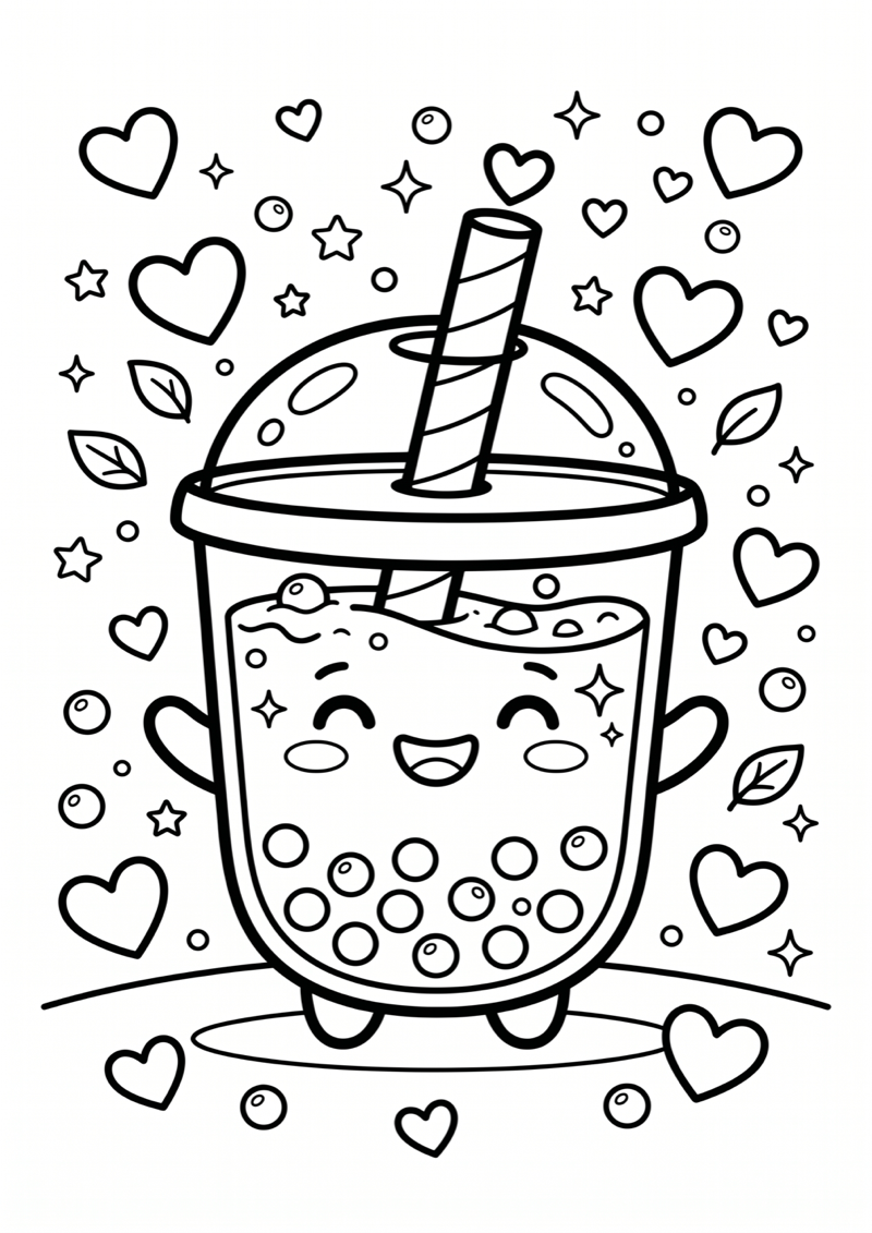 Kawaii Boba met Hartjes Kleurplaat — gratis kleurplaat