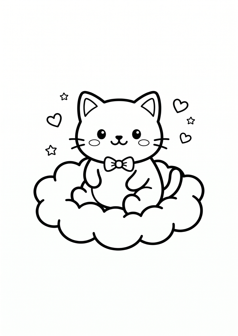 Kawaii Kat op Wolkje Kleurplaat — gratis kleurplaat