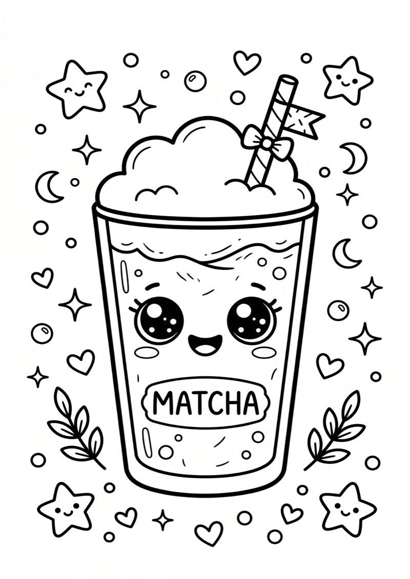 Kawaii Matcha Kleurplaat — gratis kleurplaat