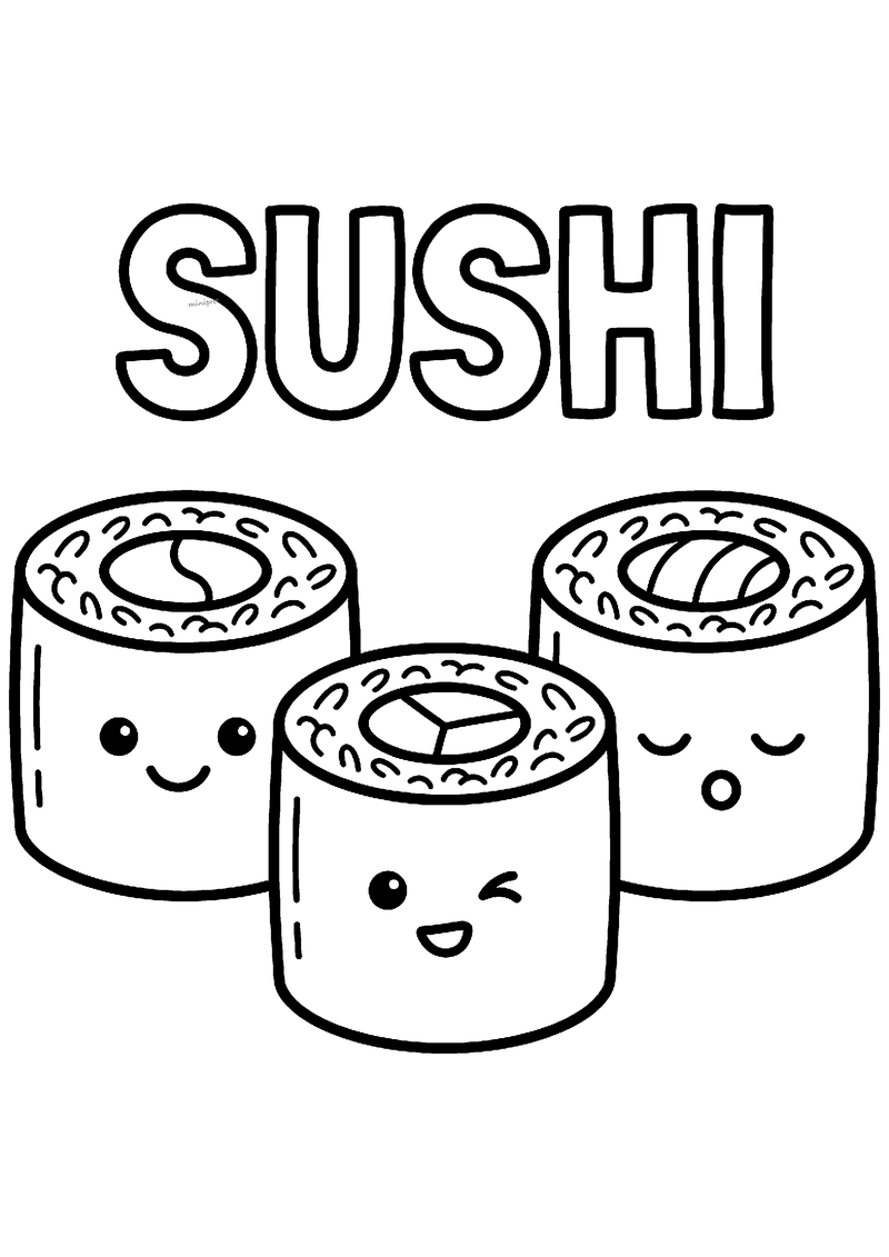 Kleurplaat van drie schattige sushirolletjes met gezichtjes: een lachend, een knipogend en een slaperig rolletje