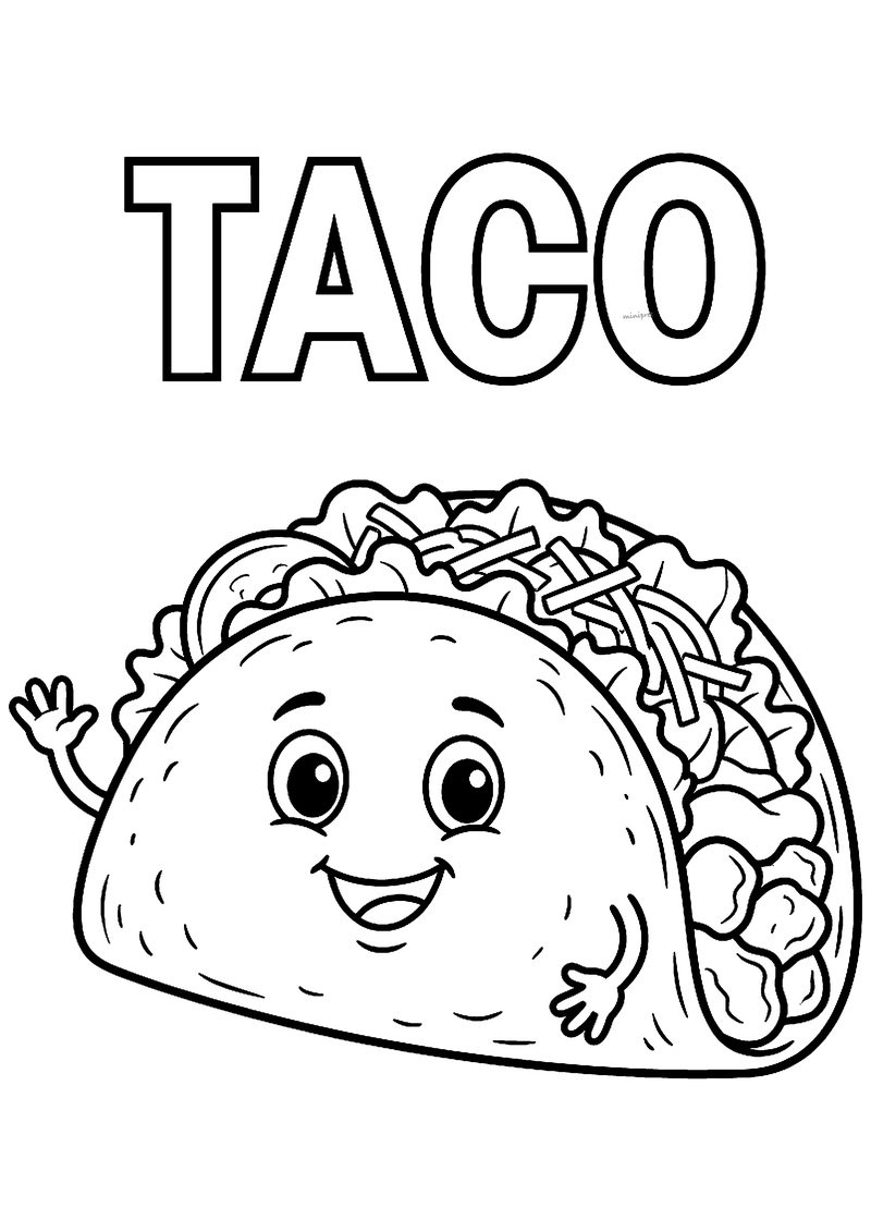 Kleurplaat van een schattige taco met grote ogen en een lach, die zwaait, gevuld met sla, kaas en tomaat