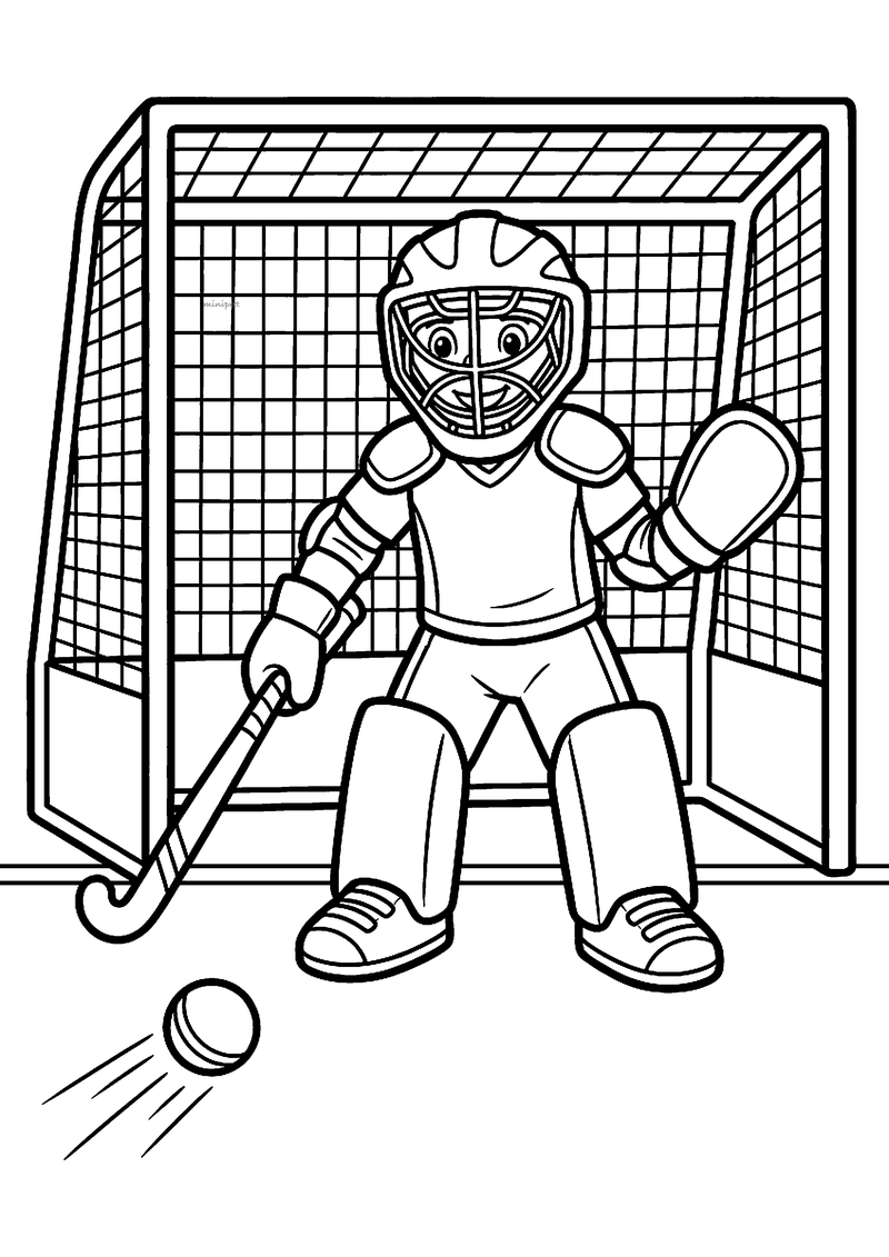 Kleurplaat van een hockeykeeper met masker, beenbeschermers en stick in het doel terwijl de bal op hem afkomt