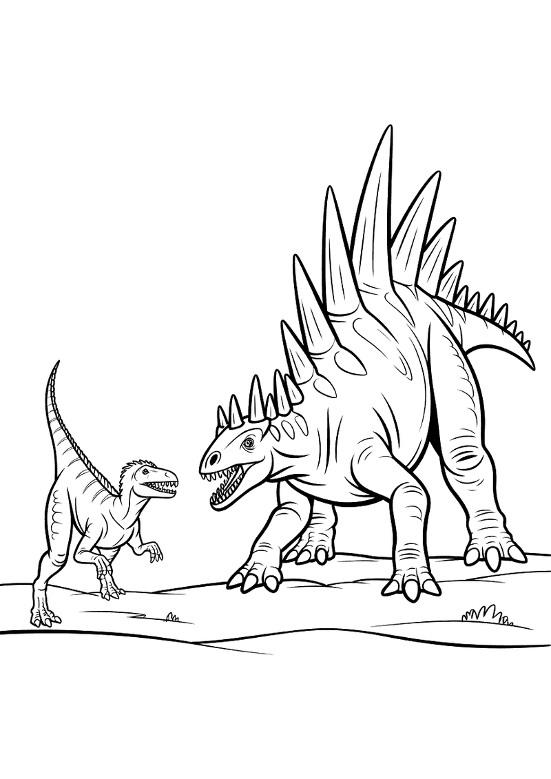 Kleurplaat van een Kentrosaurus met hoge rugstekels die tegenover een kleinere roofdino staat op een kale vlakte