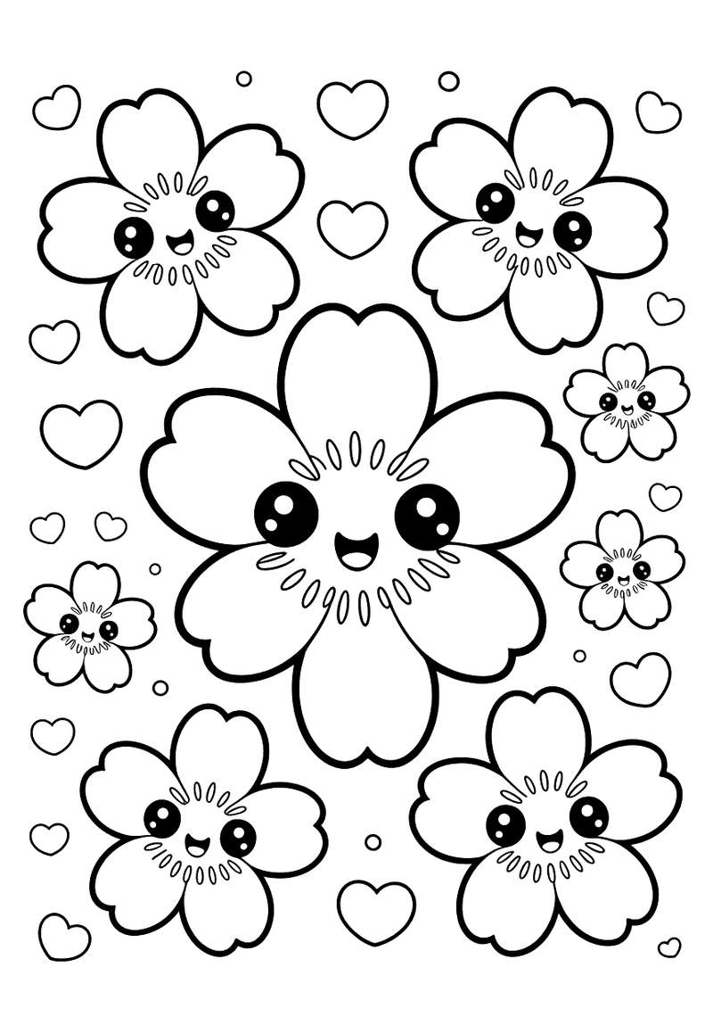 Kawaii kleurplaat van meerdere kersenbloesemroosjes met elk een lachend gezichtje en hartjes die tussen de bloemen zweve