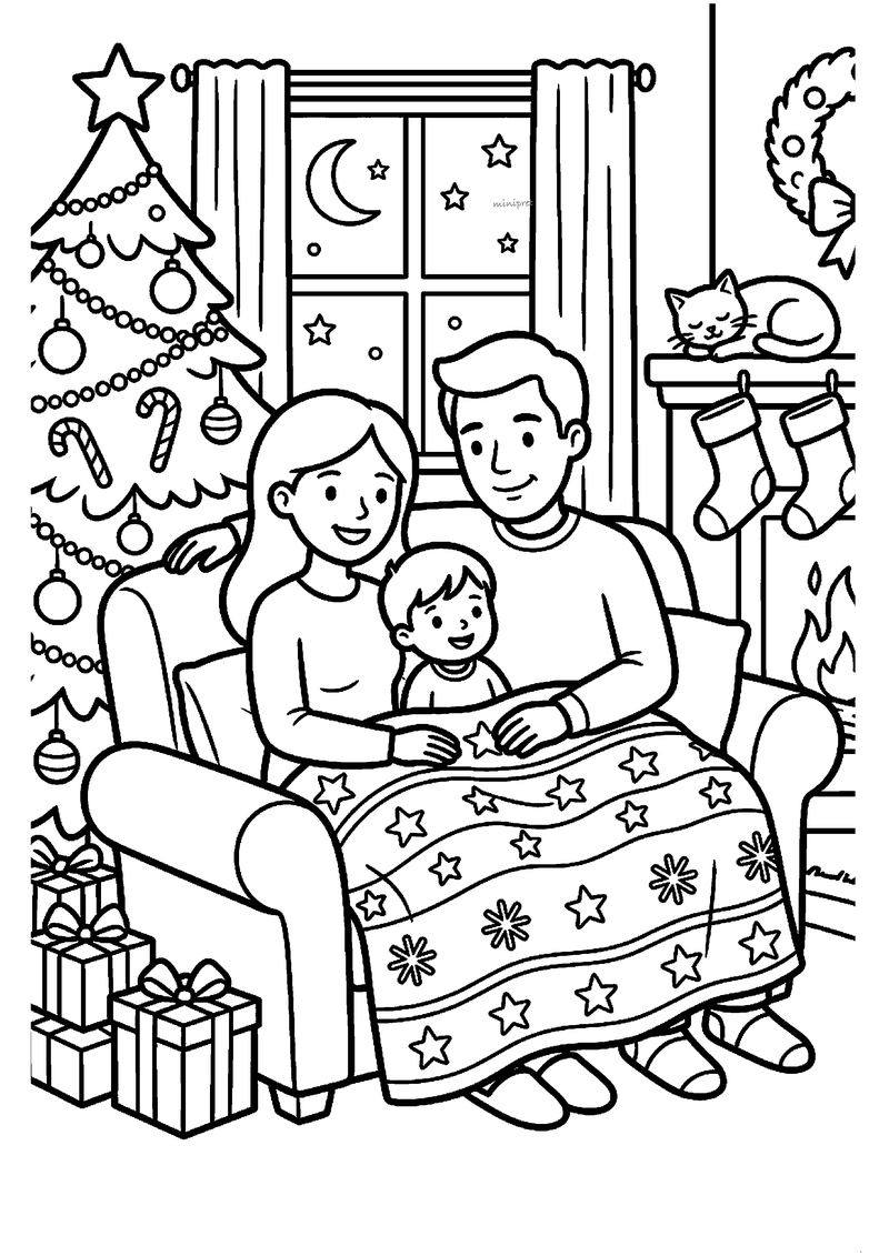 Kleurplaat van vader, moeder en zoon onder plaid op bank tussen versierde kerstboom en open haard met kat