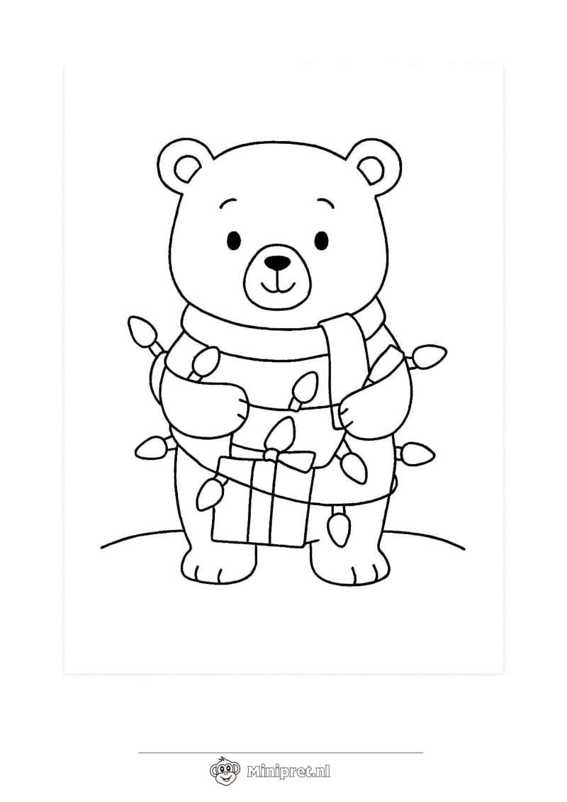 Kerstbeer met Lampjes kleurplaat — gratis kleurplaat