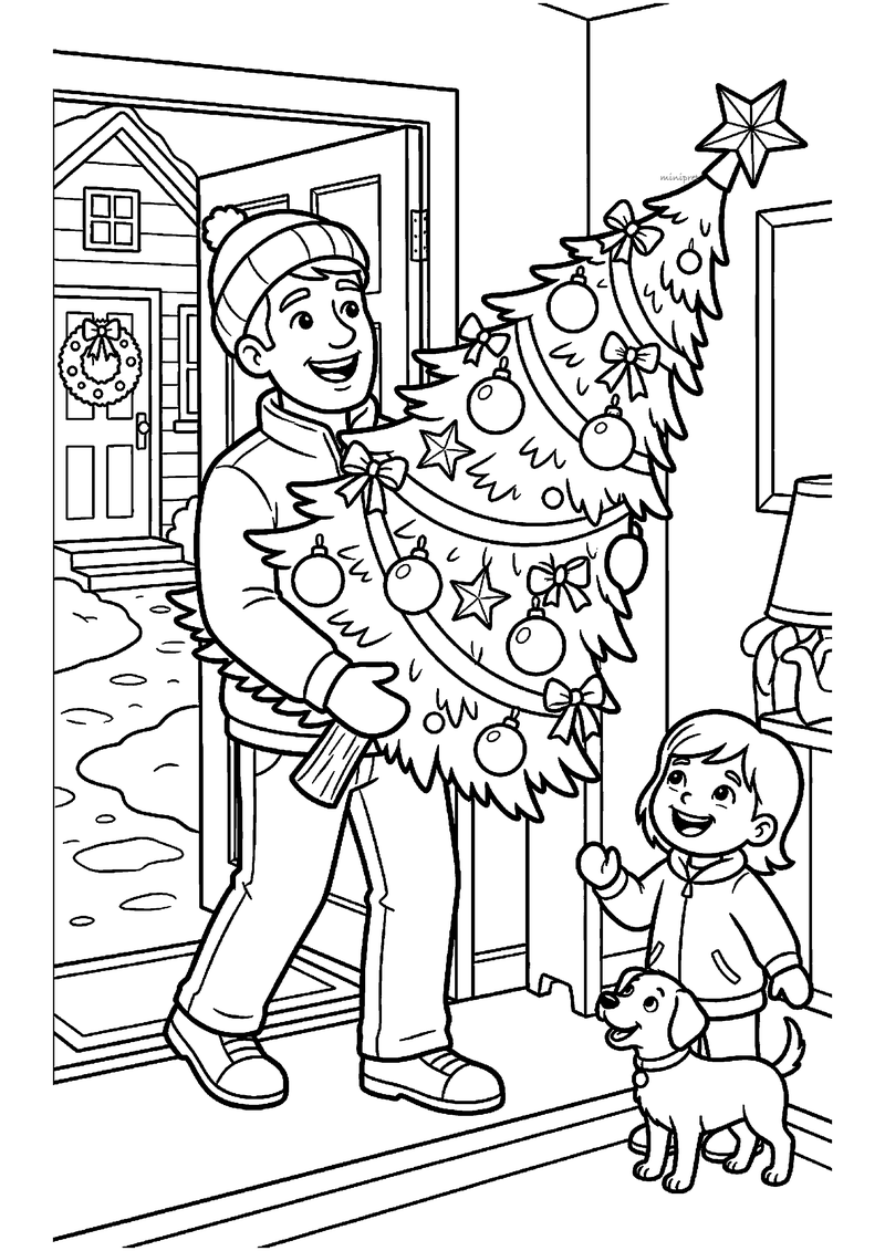 Kleurplaat van vader met muts die versierde kerstboom door open voordeur draagt, dochter en hond verwelkomen