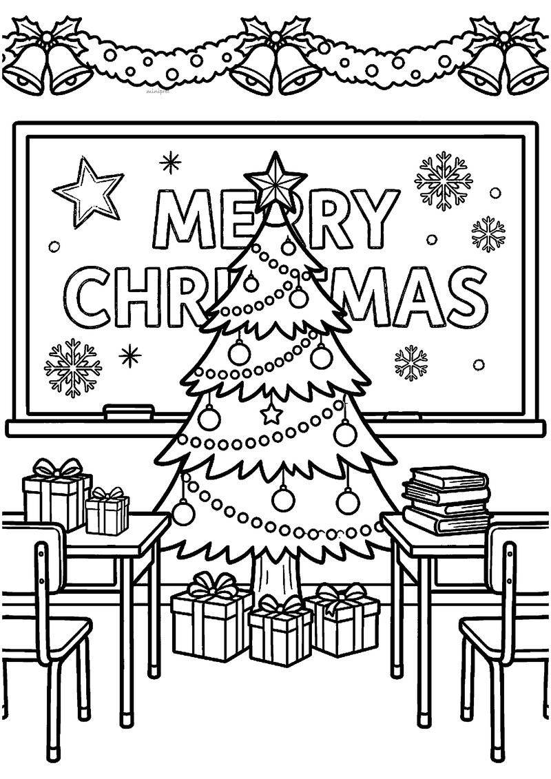 Kleurplaat van versierde kerstboom voor schoolbord met tekst MERRY CHRISTMAS en tafels met boeken en cadeau