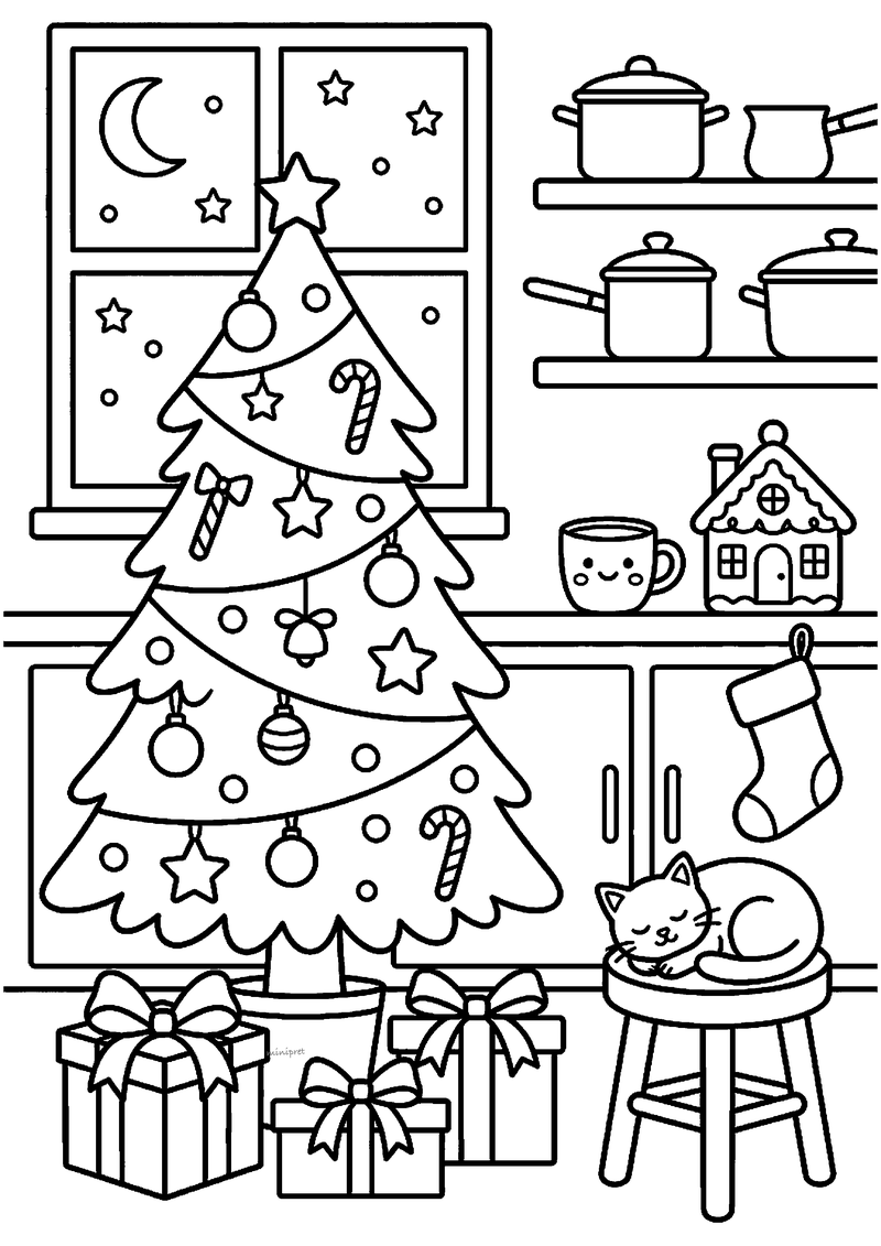 Kleurplaat van kawaii kerstboom in keuken met pannen op rek, peperkoekhuisje, mok en slapende kat op kruk
