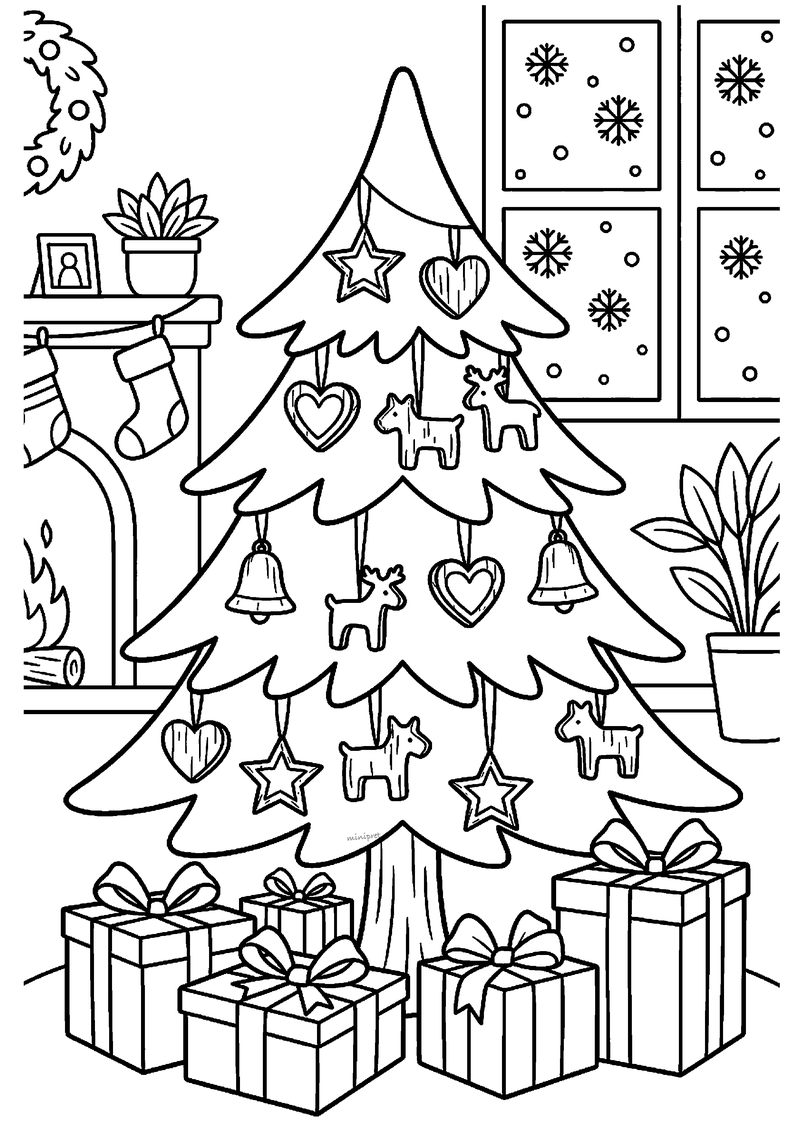 Kleurplaat van volle kerstboom met houten hertjes, harten, sterren en bellen met open haard en kous ernaast