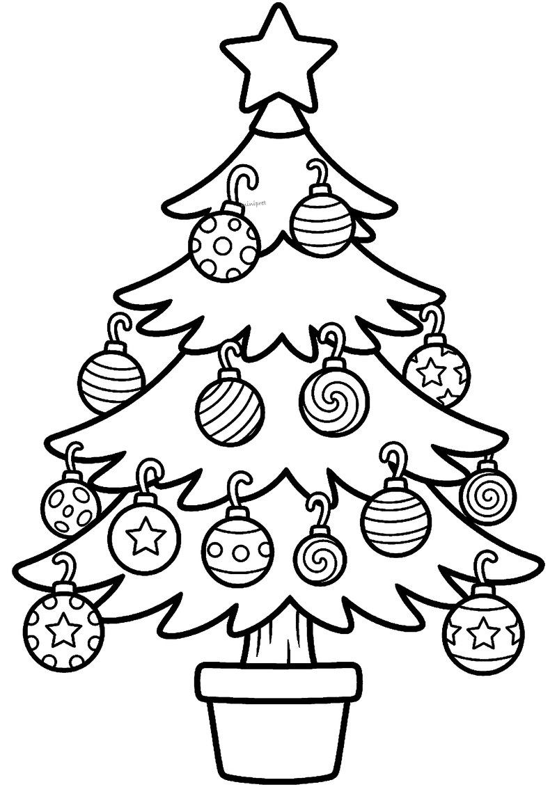 Kleurplaat van klassieke kerstboom met ster bovenop en lagen takken vol ronde versierde kerstballen