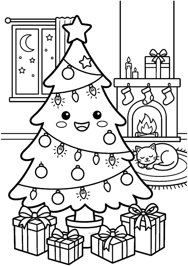 Kleurplaat van kawaii kerstboom met lichtjes in donkere woonkamer met open haard, kousen en slapende kat