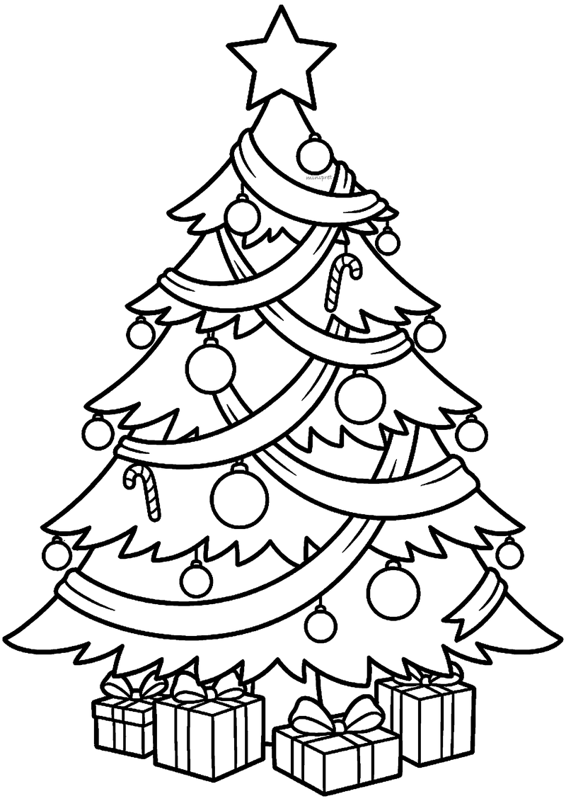 Kleurplaat van grote kerstboom met ster, slingers in cirkels en ronde kerstballen met cadeaus eronder