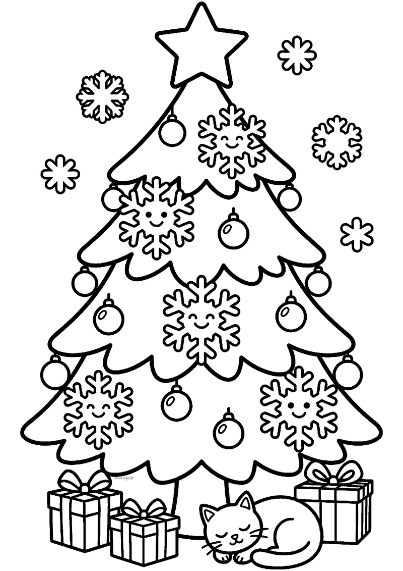 Kerstboom met grote ster, kerstballen en lachende sneeuwvlokken, slapend katje eronder.