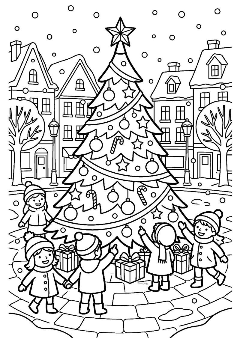 Grote kerstboom met ster op dorpsplein omringd door zwaaiende kinderen en huisjes.