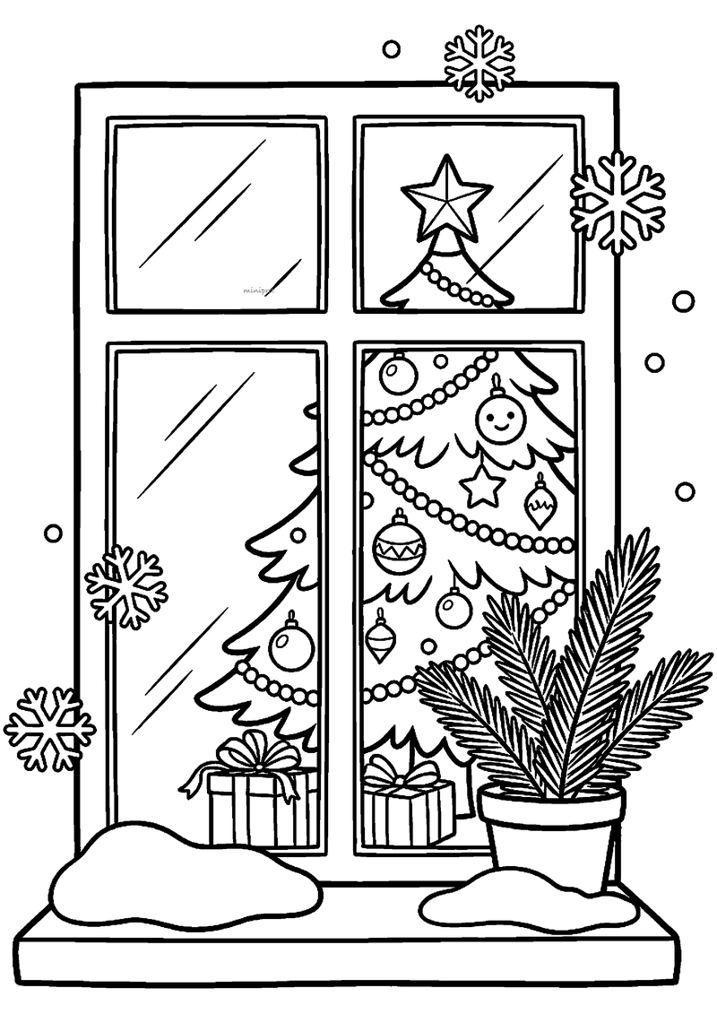 Versierde kerstboom met ster zichtbaar door raam met sneeuwvlokken en plant op vensterbank.