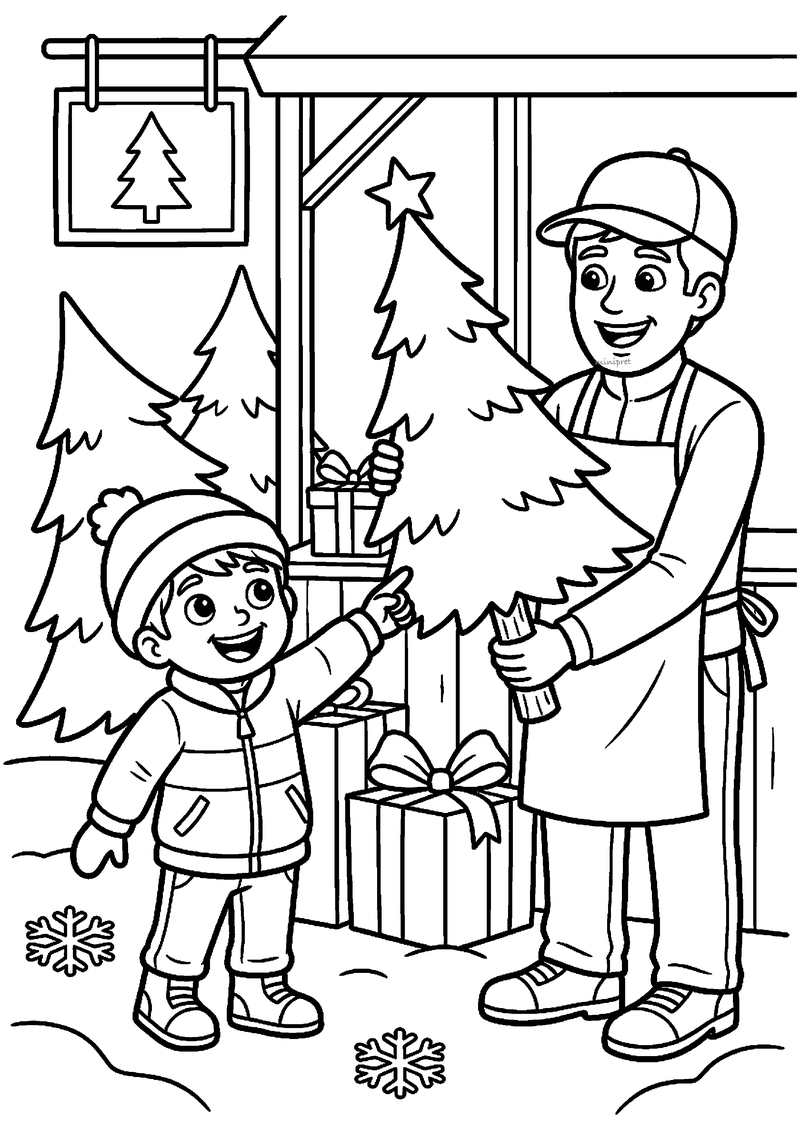 Verkoper met schort houdt grote kerstboom op tegenover kind dat enthousiast wijst.
