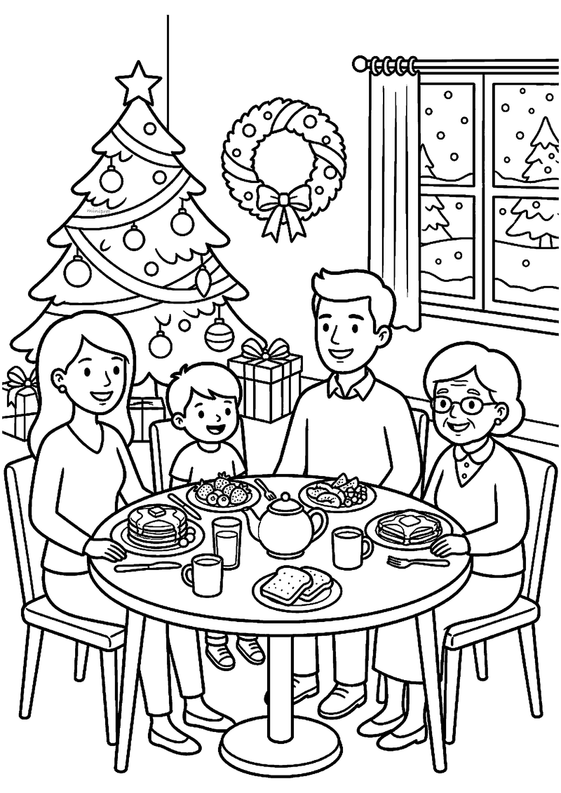 Familie van vier zit aan ronde tafel met kerstbrunch voor kerstboom en krans.