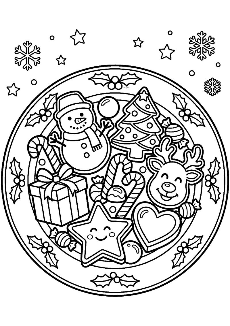 Rond bord vol kerstfiguurtjes: sneeuwpop, boompje, rendier, ster en cadeau.
