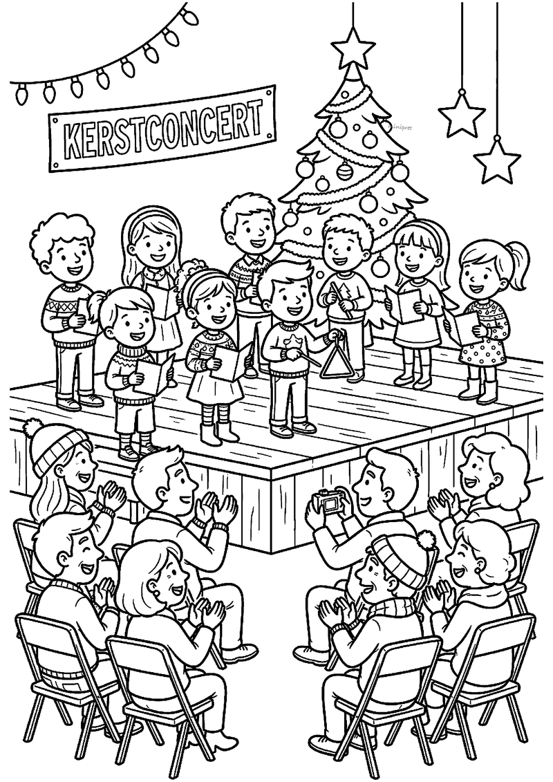 Kinderen zingen op podium onder banner KERSTCONCERT, ouders kijken en filmen.