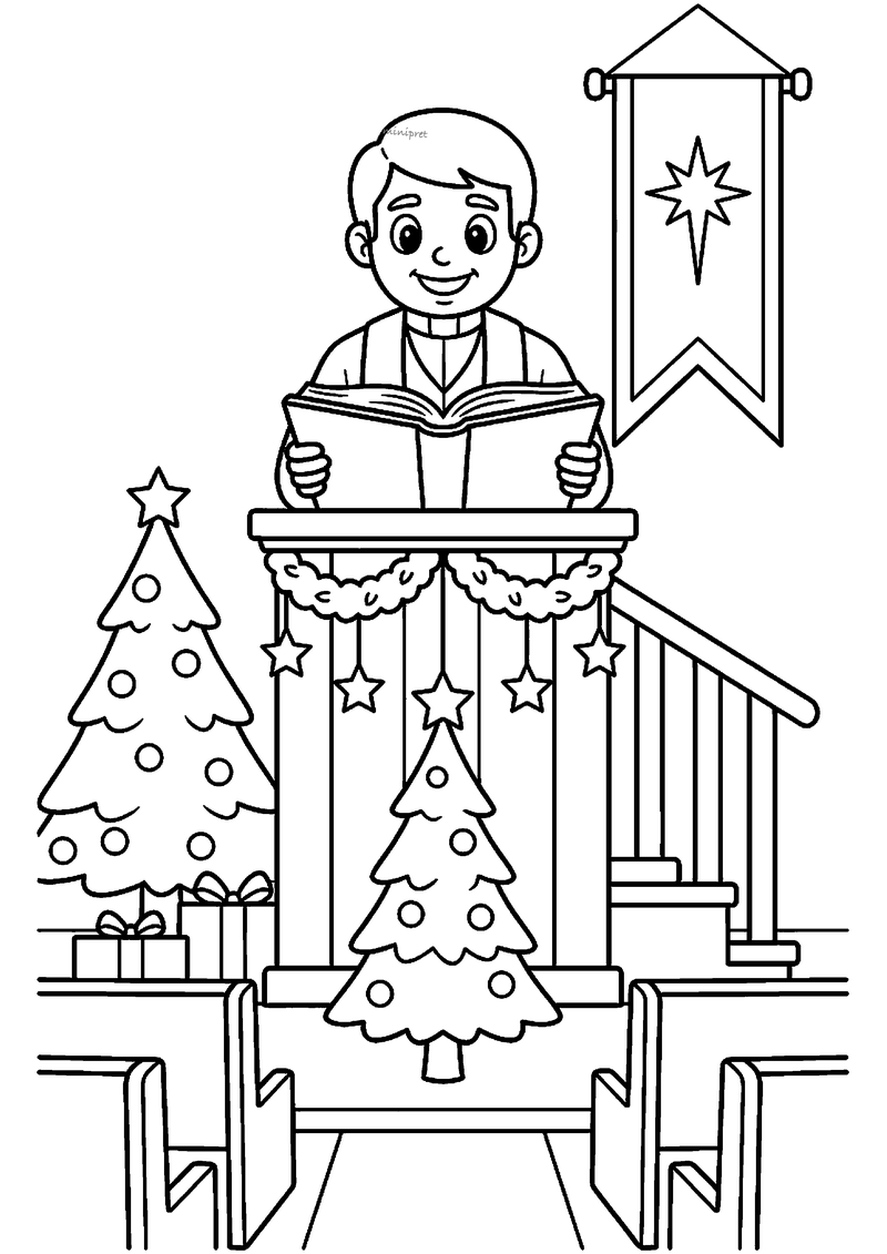 Dominee leest uit groot boek op preekstoel met ster-vlag en kerstbomen ervoor.
