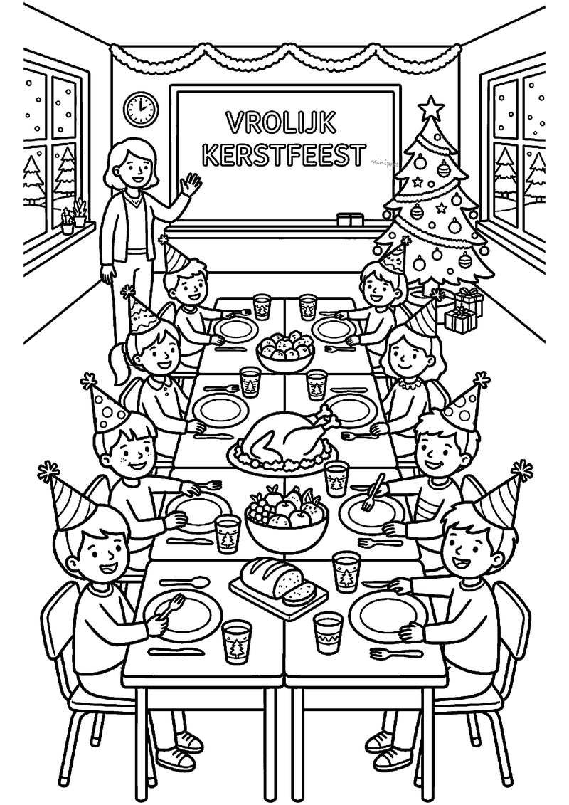 Klasgenoten met feesthoedjes aan lange tafels met kalkoen, juf wuift onder bord VROLIJK KERSTFEEST.