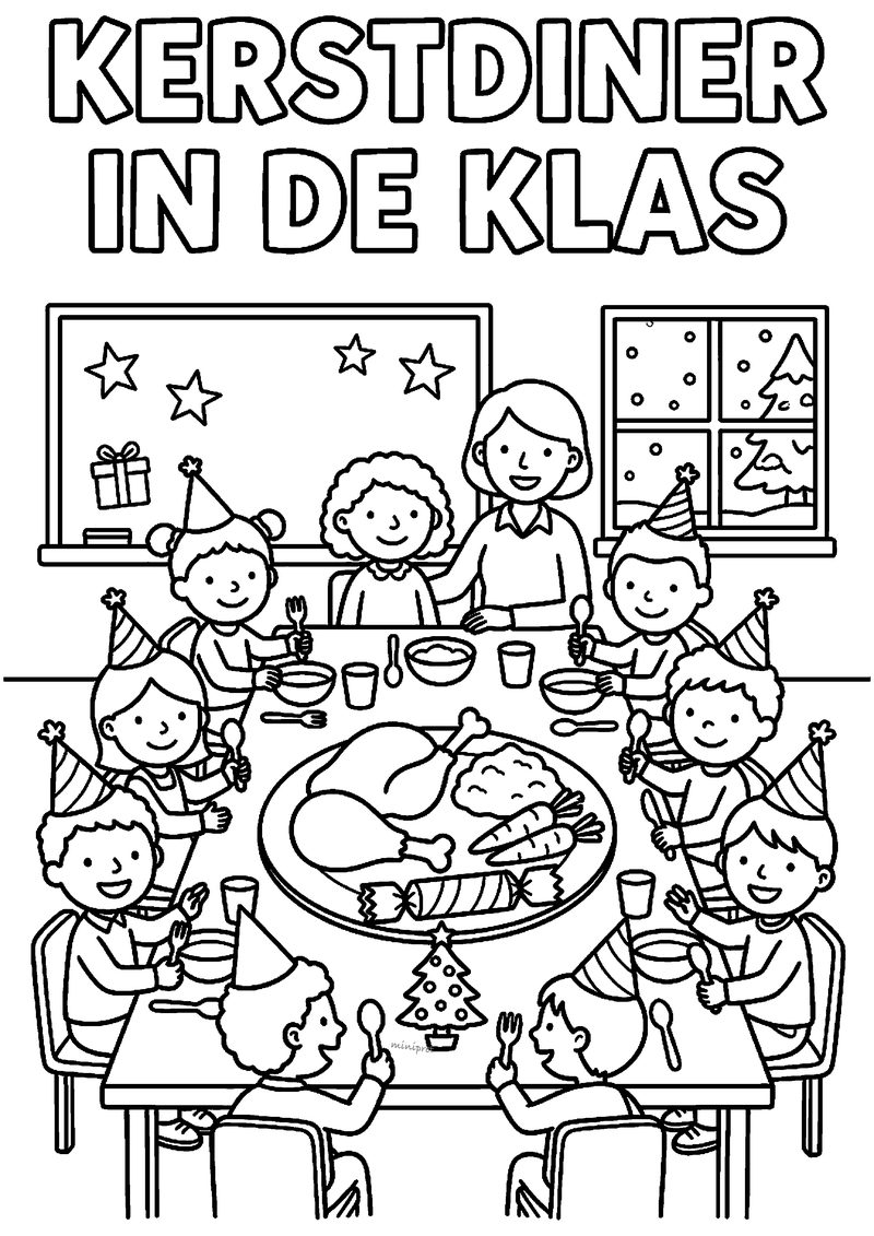 Kinderen met feestmutsen rond ronde tafel met kalkoen op schaal, tekst KERSTDINER IN DE KLAS.