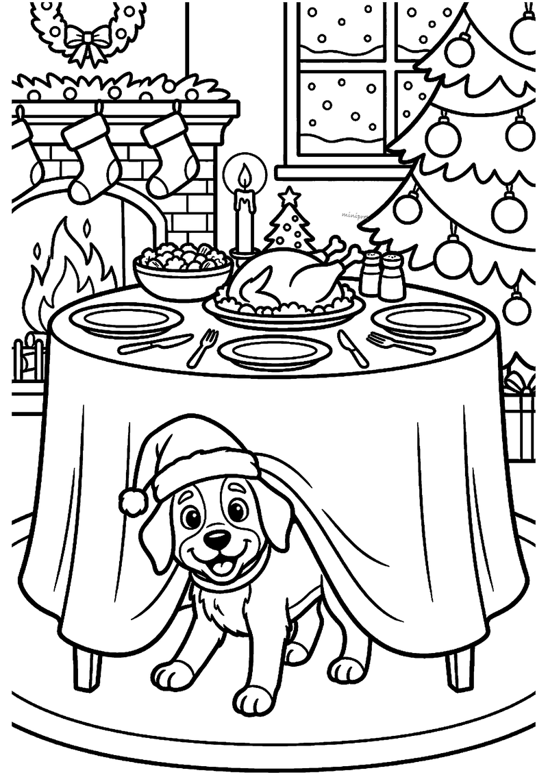 Schattige hond met kerstmuts gluurt onder tafelkleed met diner en haard op achtergrond.