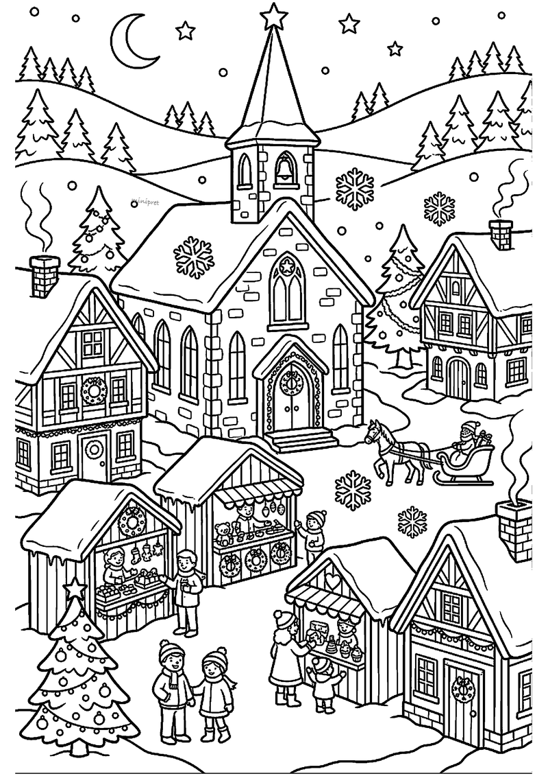Detailrijk kerstdorp met kerk, kraampjes, slee met paard en kinderen in sneeuw.