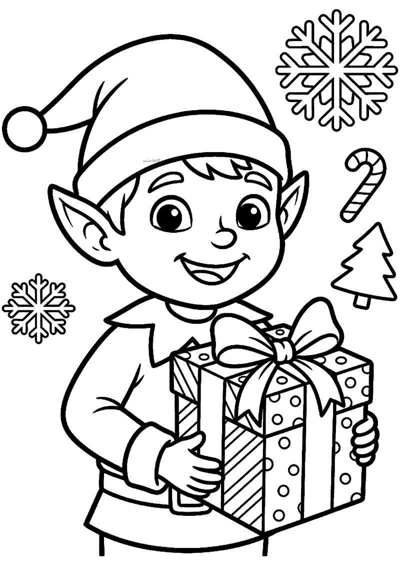 Lachend kerstelfje met puntige muts houdt cadeau met grote strik vast.