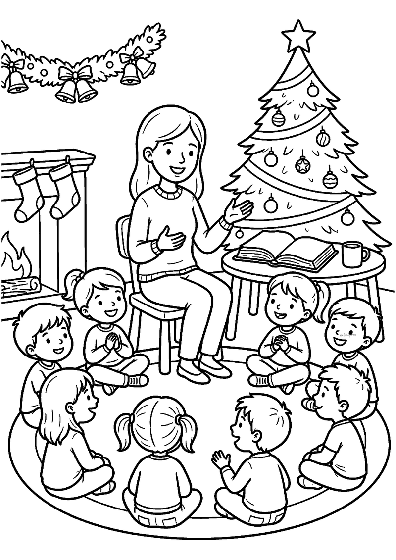 Juf op stoel vertelt met kerstboek aan zes kinderen in kring op kleed, slingers en kerstboom.