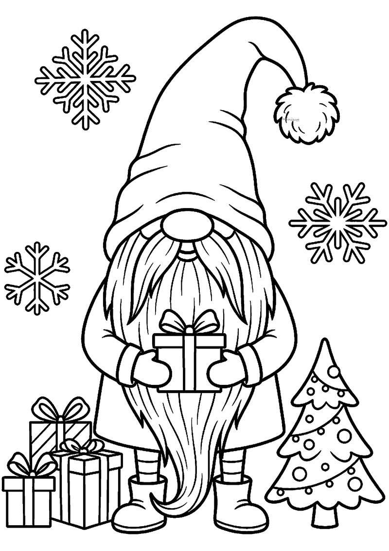 Kerstgnoom met hele lange baard en hoge slappe muts houdt cadeau vast.