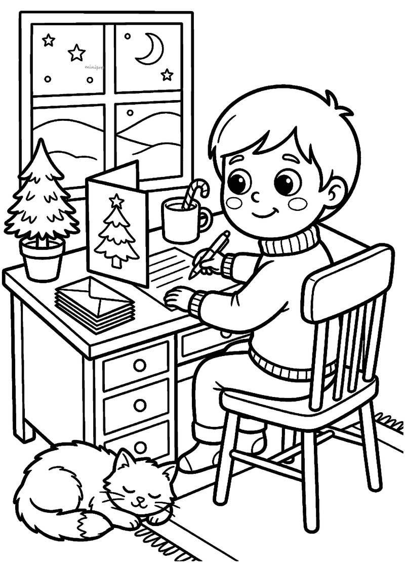 Jongen schrijft kerstkaart aan bureau met chocolademelk en zuurstok, kat slaapt eronder.