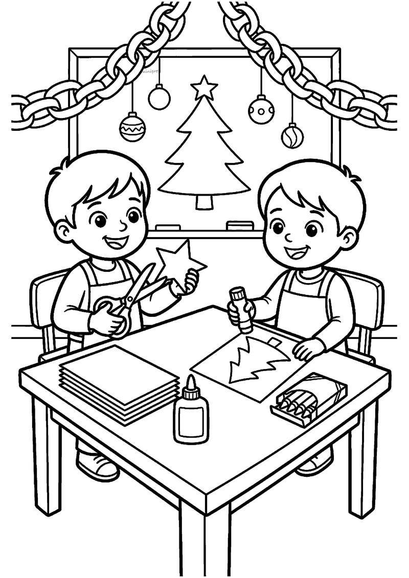 Twee kinderen knippen ster en kerstboom uit papier aan tafel met lijm en stiften.