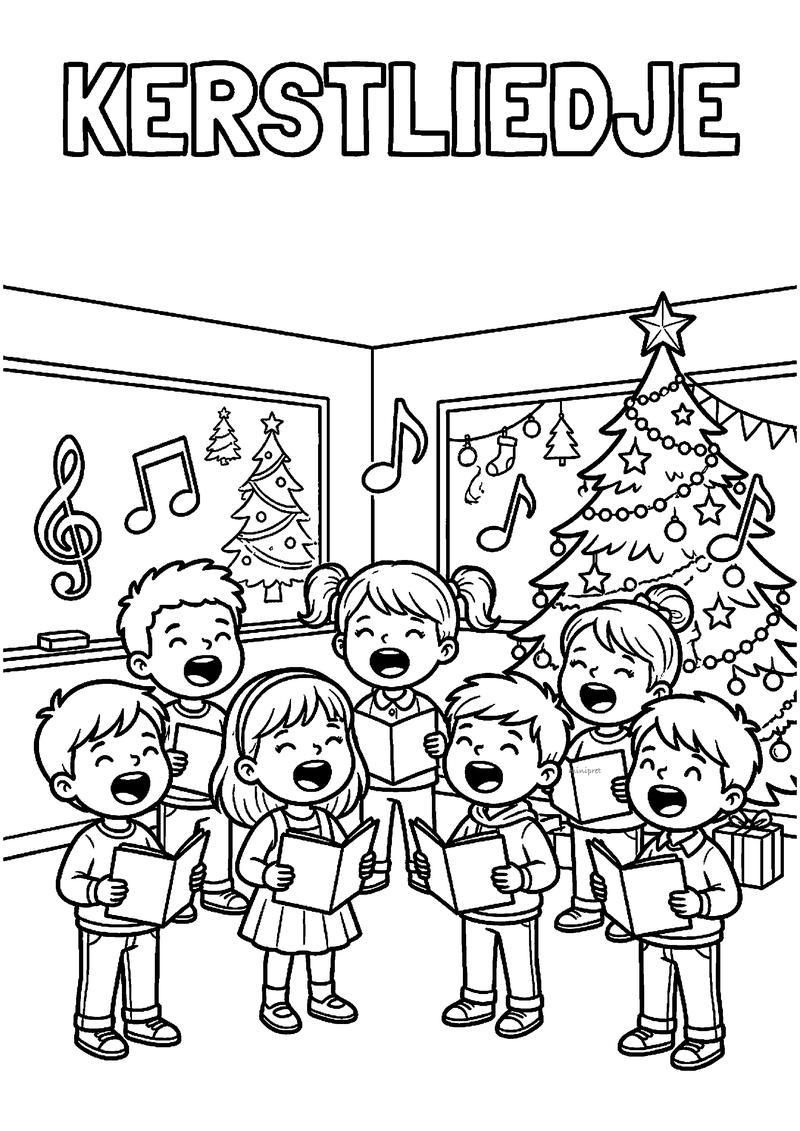 Zeven kinderen zingen uit liedboekjes onder titel KERSTLIEDJE met kerstboom.