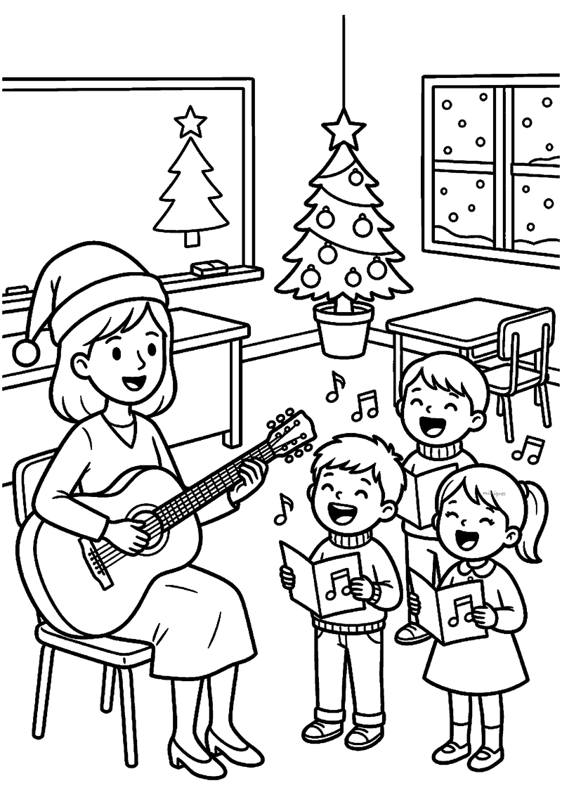 Juf met kerstmuts speelt gitaar terwijl drie kinderen zingen uit liedboekjes.