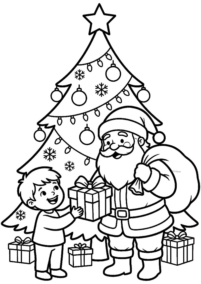 Kerstman met cadeauzak overhandigt cadeau aan klein kind bij grote versierde kerstboom.