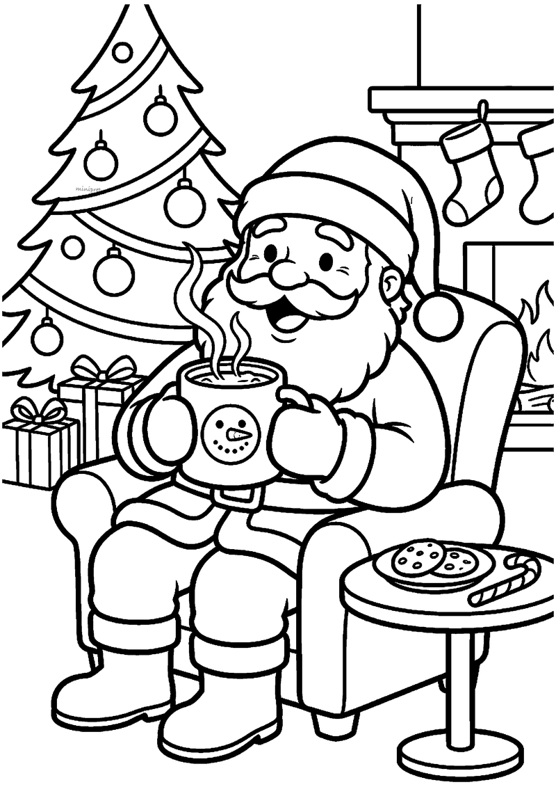 Kerstman in fauteuil drinkt dampende mok met sneeuwpop, koekjes op tafeltje.