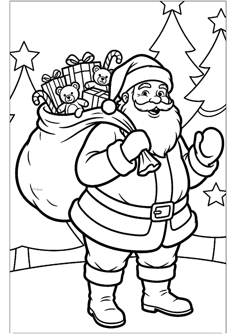 Lachende Kerstman draagt grote zak met cadeautjes, teddybeertjes en zuurstok eruit.