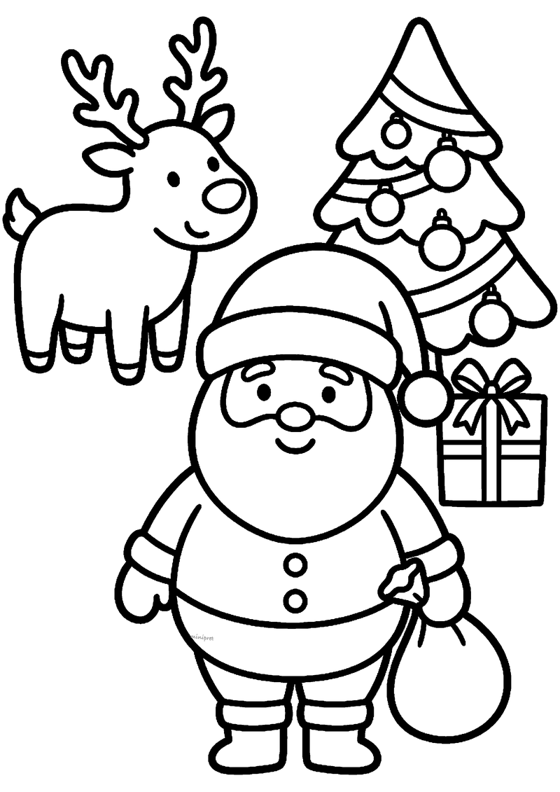 Schattige Kerstman met cadeauzak naast rendier en kerstboom in eenvoudige peuterstijl.