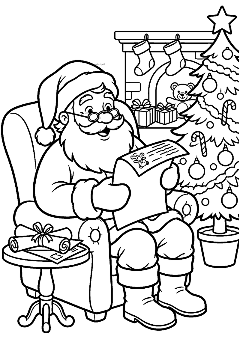 Kerstman met bril in fauteuil leest brief met tekening, beer in boom achter hem.