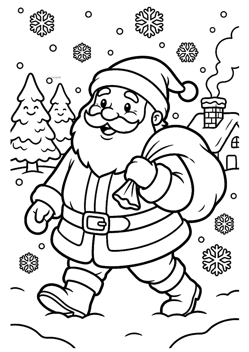 Kerstman met cadeauzak loopt door sneeuw langs kerstboompjes en huisje met schoorsteen.