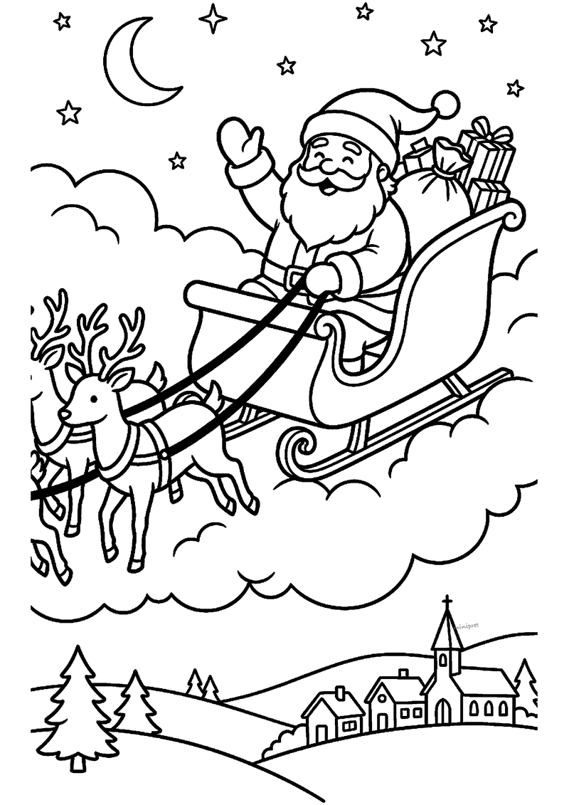 Kerstman zwaait vanaf zijn slee getrokken door rendieren boven dorp met kerkje.