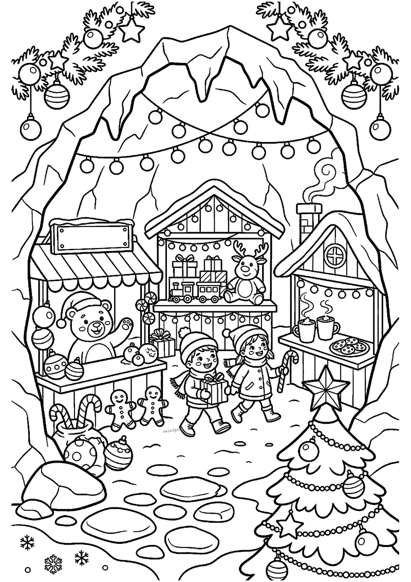Ondergrondse kerstmarkt in grot met kraampjes, hangende kerstballen en kerstboom.