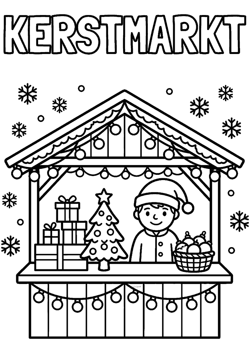 Kraampje met kerstman-verkoper, kerstballen, boompje en cadeaus, tekst KERSTMARKT erboven.