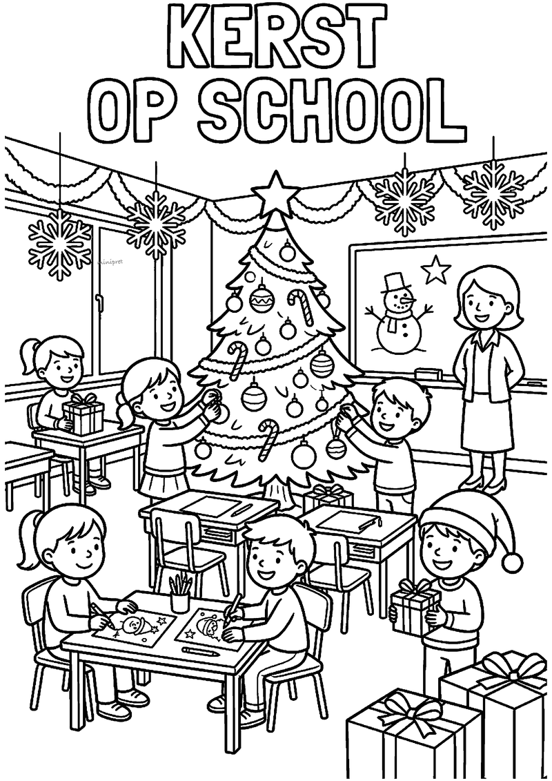 Klas versiert kerstboom en knutselt, juf zwaait bij bord, tekst KERST OP SCHOOL.