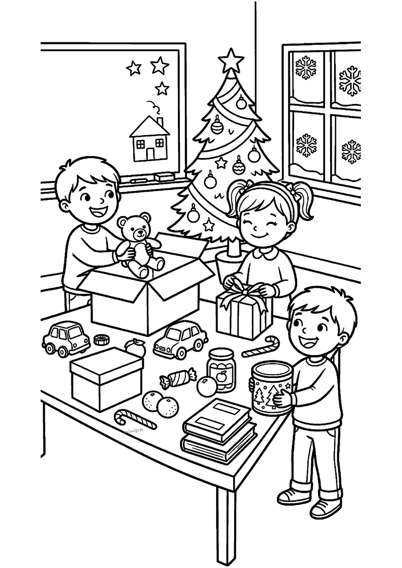 Drie kinderen pakken kerstpakket in met teddybeer, blikjes, auto en koekjes.