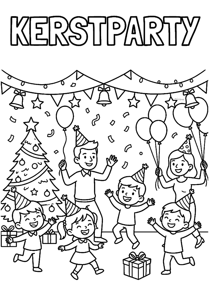 Zes kinderen met feesthoedjes feesten met ballonnen en confetti onder bord KERSTPARTY.